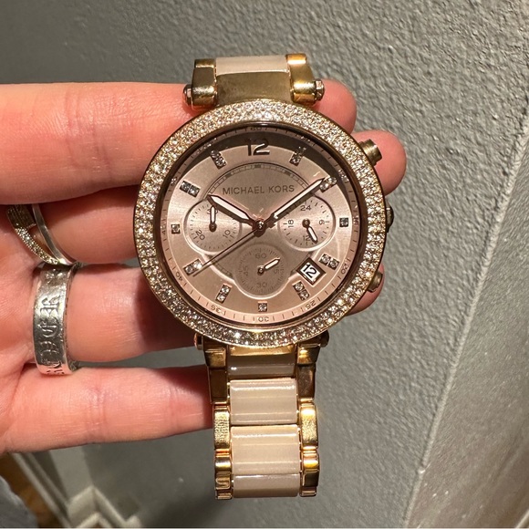 Michael Kors Parker Rose Gold-Tone Blush Acetate Watch - Picture 1 of 6